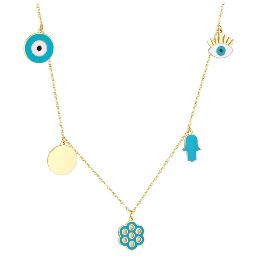 Gold Plated Evil Eye Necklace with Charms – Stainless Steel 18" Adjustable
